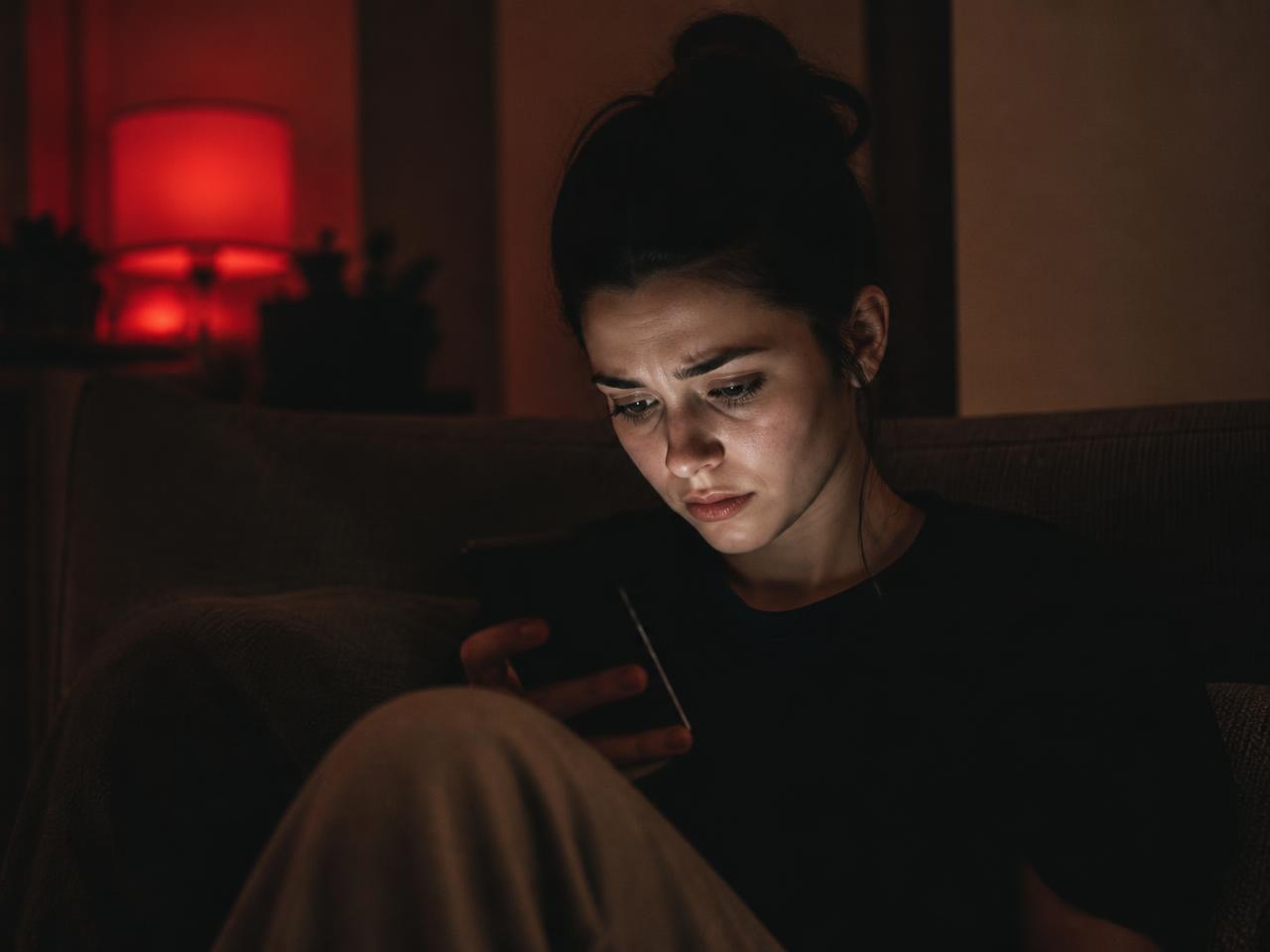 A woman sitting alone on a couch at night, her face lit by her phone, looking uneasy