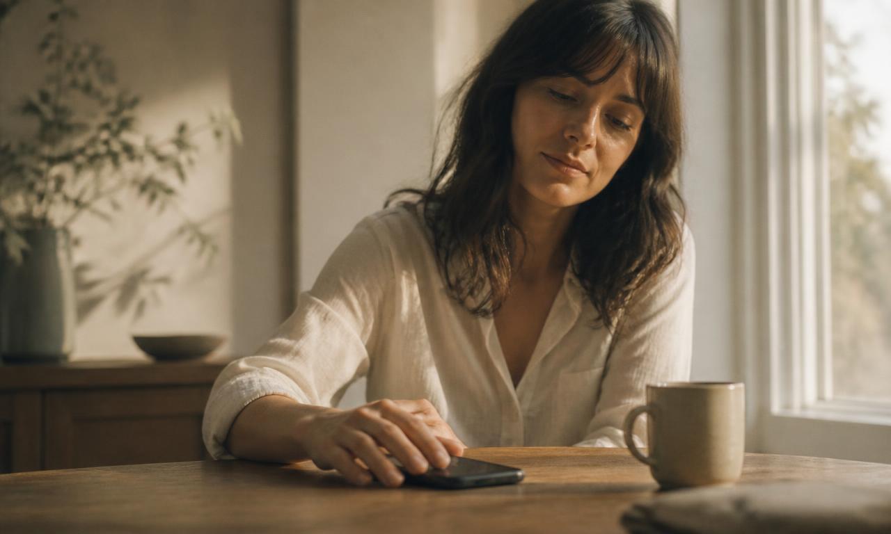 A woman setting her phone face down on a table in morning light, looking calm and relieved